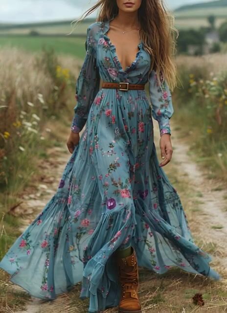 Bohemian Blue Ruffled Print Patchwork Cotton Long Dress Fall Pastoral Style