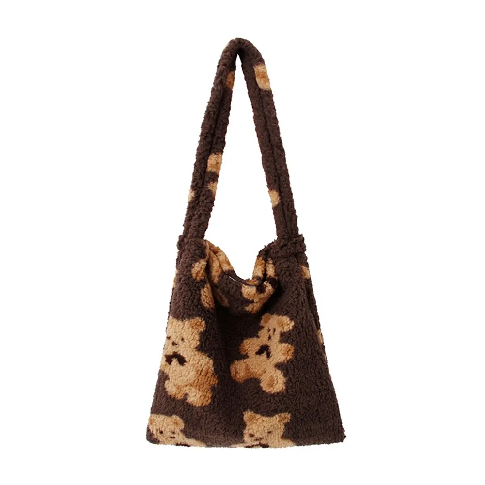 Fashion Exquisite Shopping Bag Cute Bear Print Top-handle Bag Female Autumn Fashion Plush Tote Shoulder Handbag
