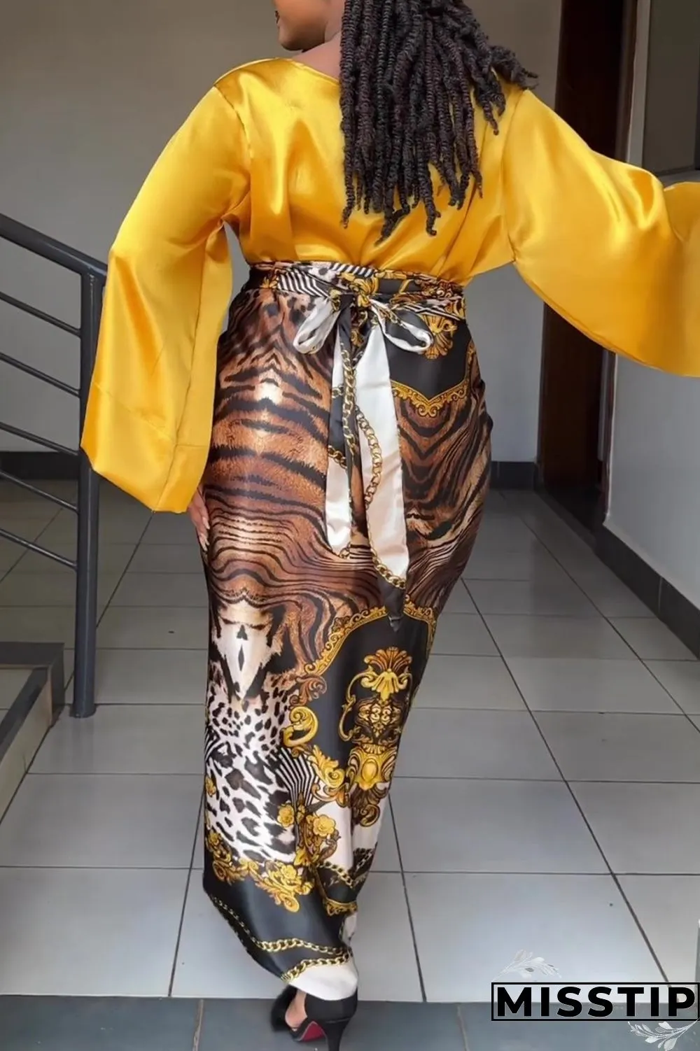 Leopard Print Casual Print Patchwork Frenulum O Neck Three Quarter Two Pieces