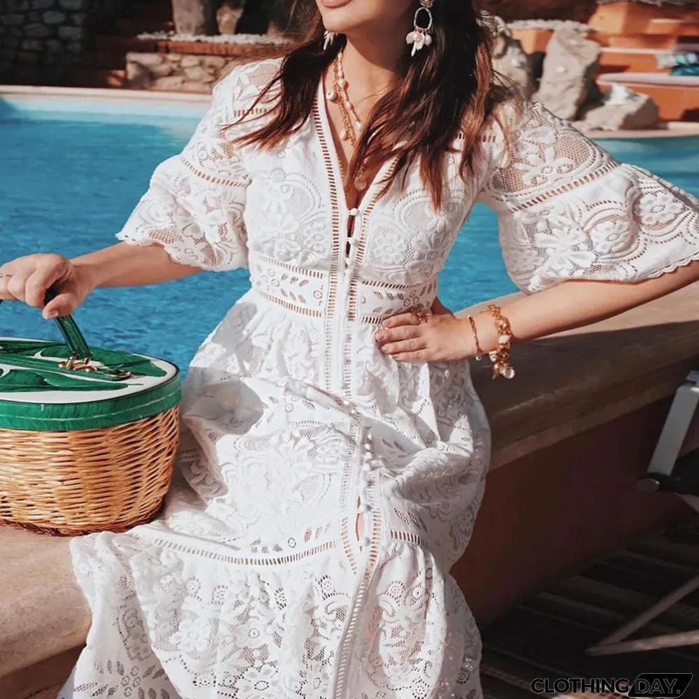 Women's V-Neck Cutout Lace Maxi Dresses