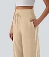 2026🔥 Halara Ribbed SoCinched High Waisted Tummy Control Drawstring Wide Leg Color Block Casual Trousers with Pockets