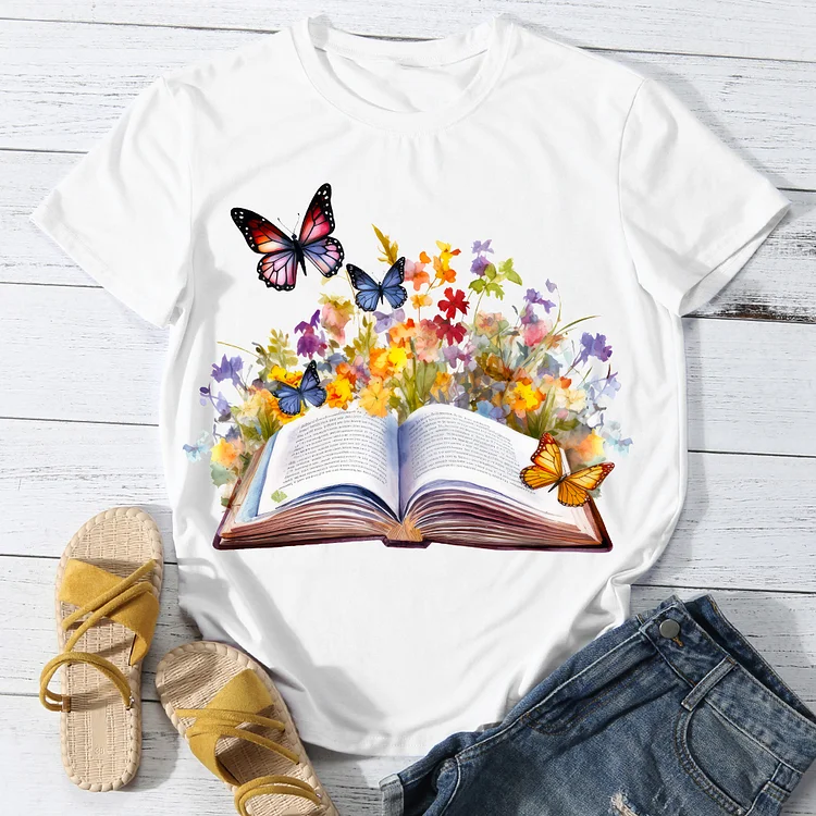 Colorful Flowers With Book Women's Casual Round Neck T-Shirt -BSTC1627