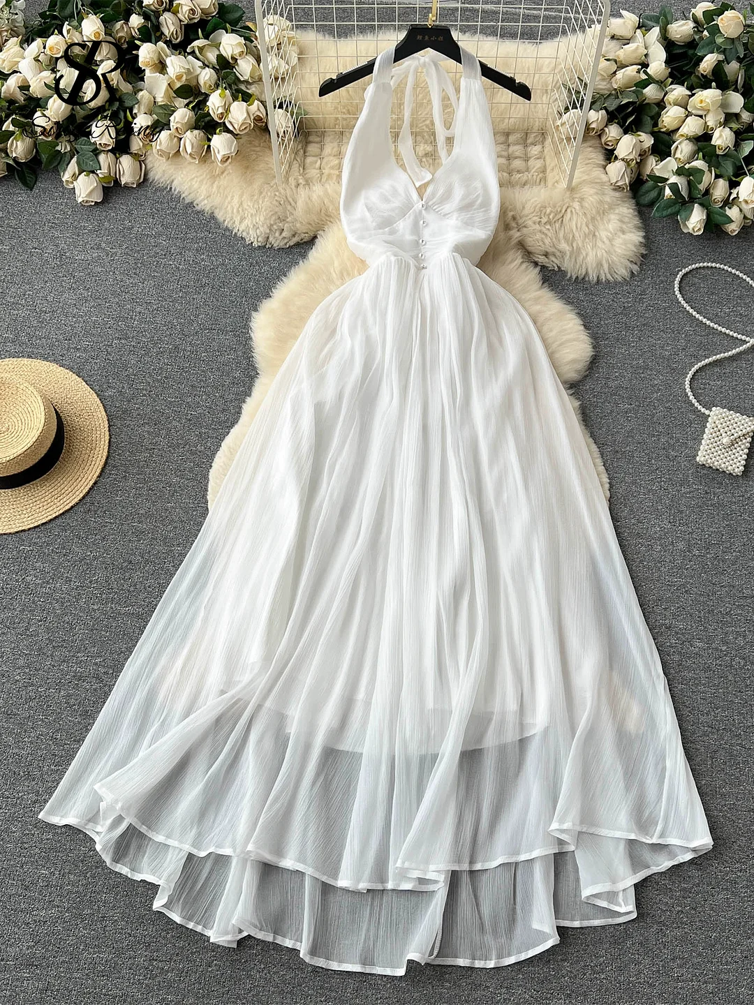 Huibahe Summer Women Beach Long Dress Backless Spaghetti Strap Deep V Neck Chiffon Casual Sexy 2024 Seaside Vacation Dress