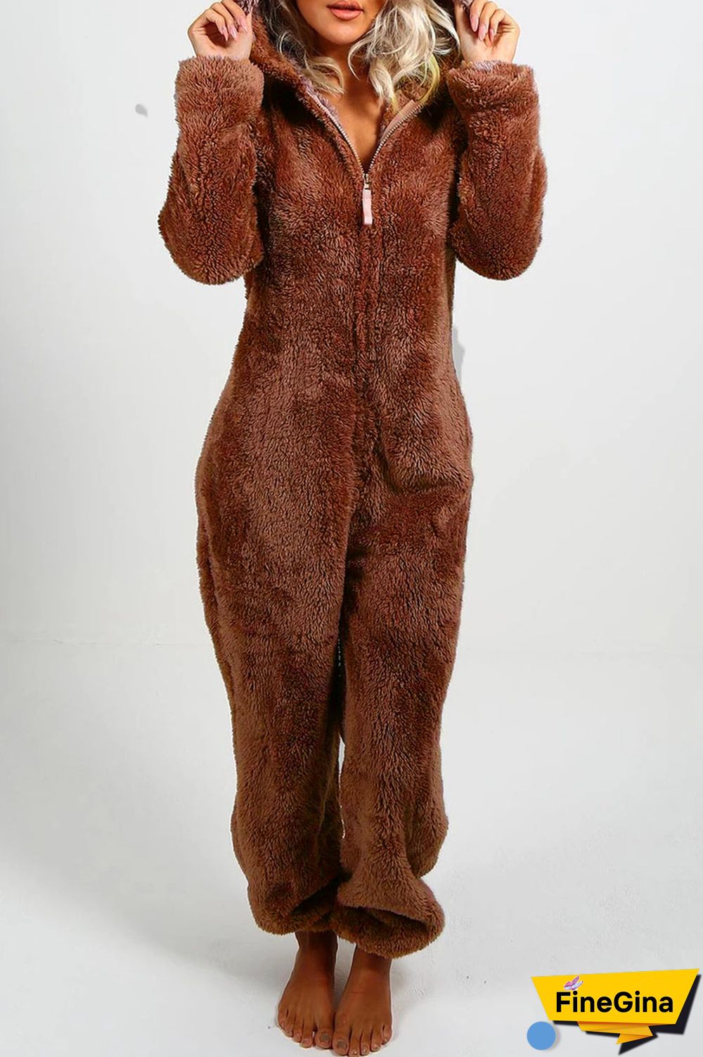 Yellow Casual Living Solid Patchwork Hooded Collar Regular Jumpsuits