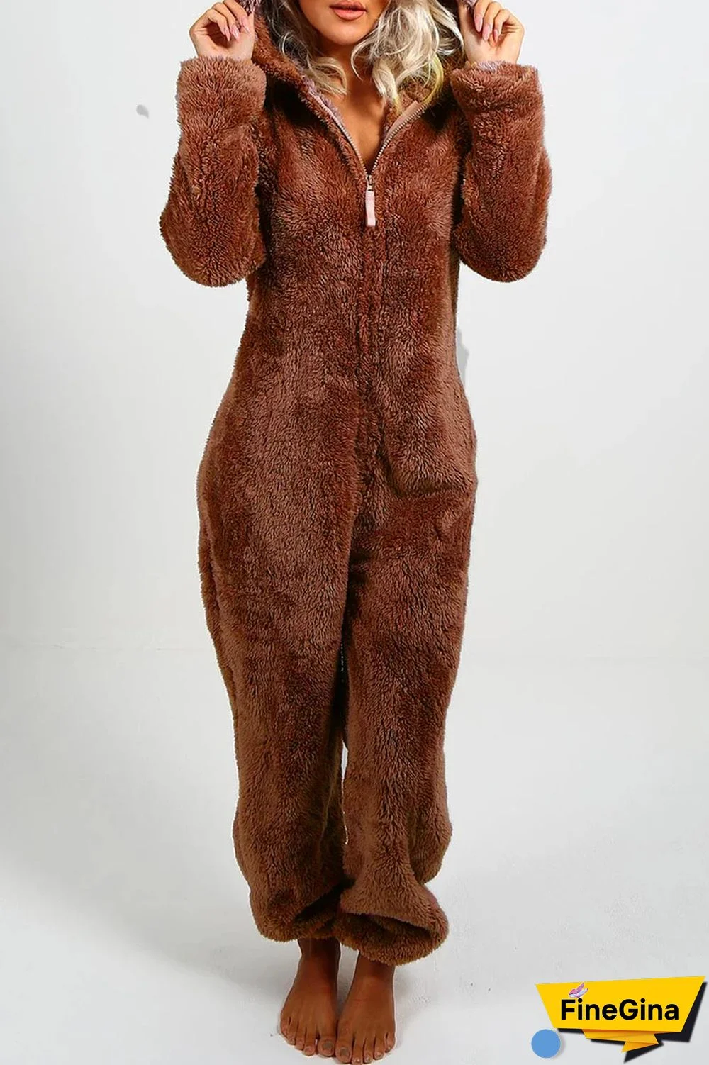 Yellow Casual Living Solid Patchwork Hooded Collar Regular Jumpsuits