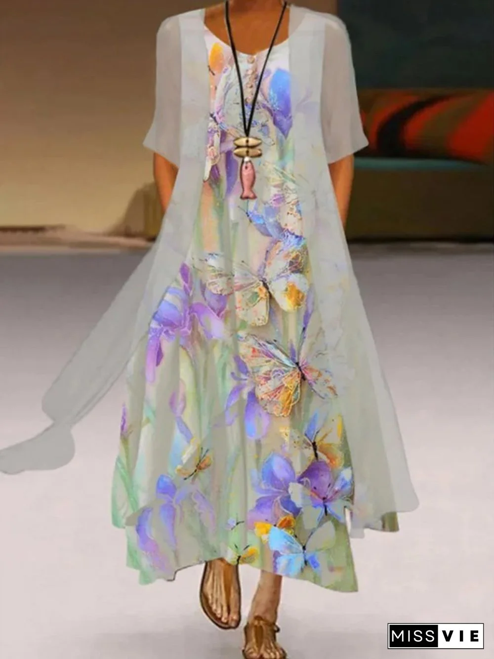 Butterfly Printed Casual Round Neck Dress With Coat Two Piece Sets