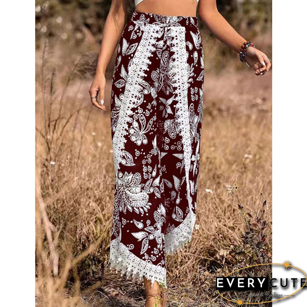 Burgundy Floral Print Spliced Casual Pants