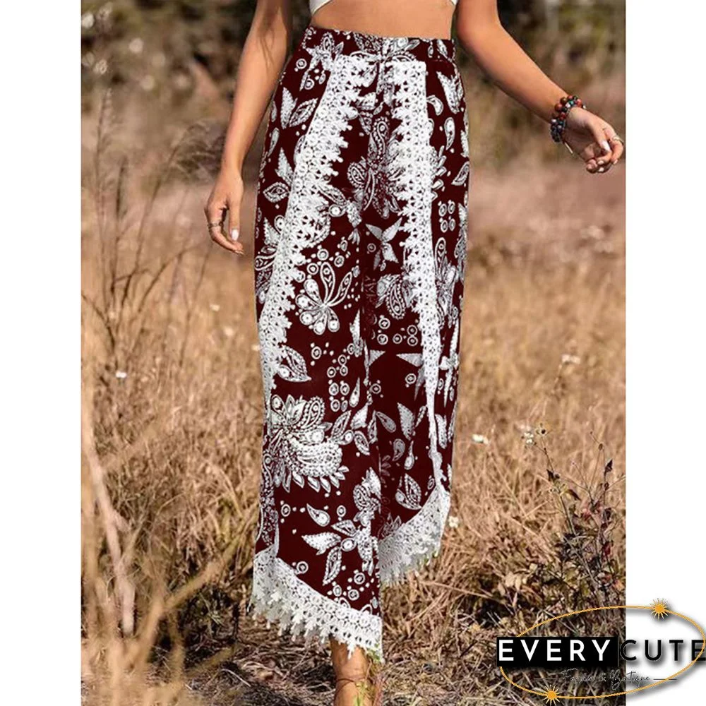 Burgundy Floral Print Spliced Casual Pants