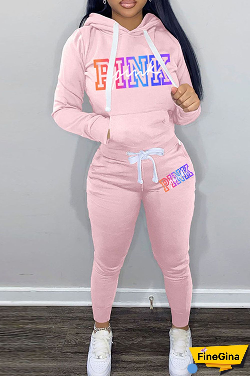 Light Gray Casual Letter Print Patchwork Hooded Collar Long Sleeve Two Pieces