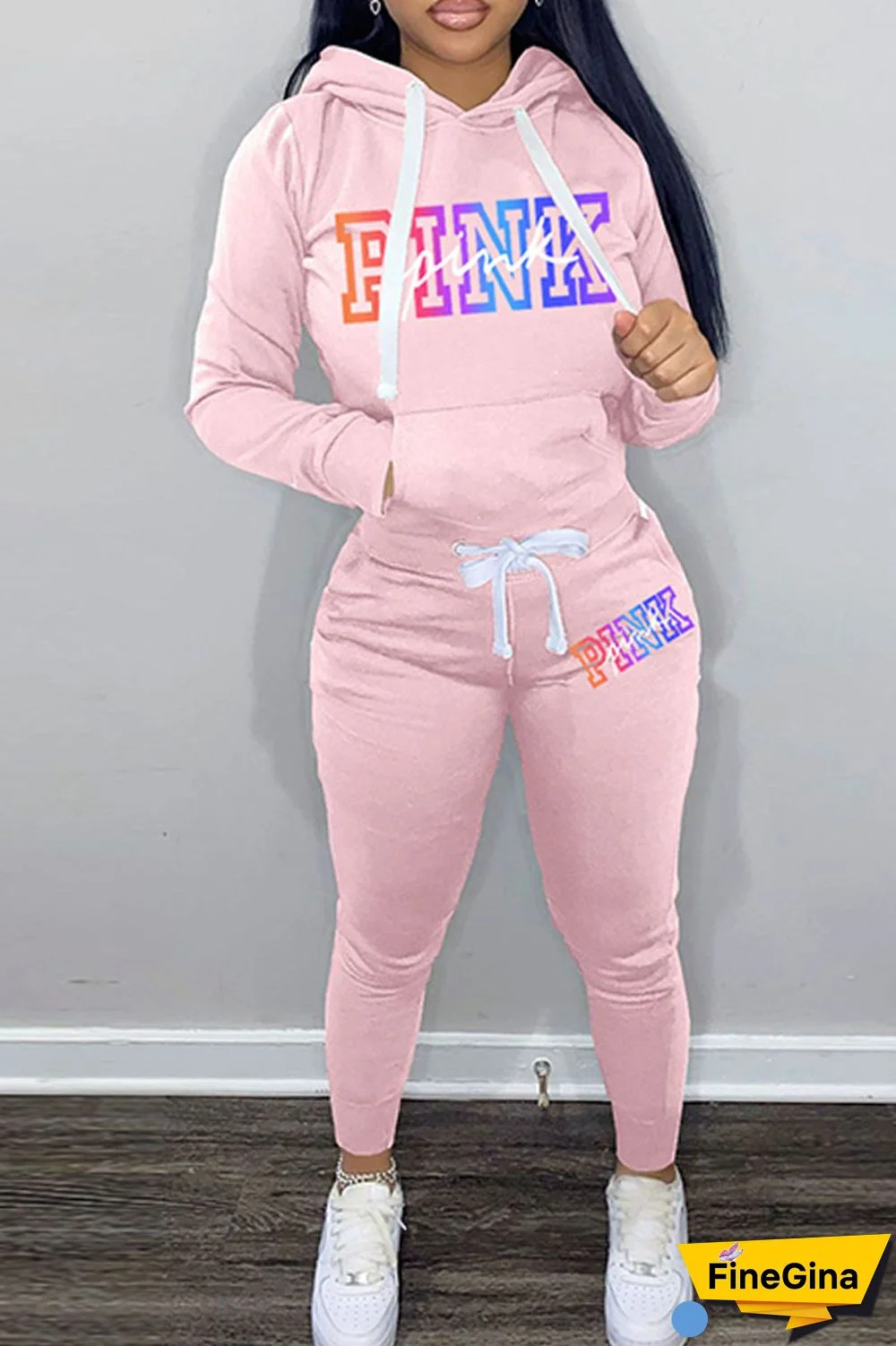 Light Gray Casual Letter Print Patchwork Hooded Collar Long Sleeve Two Pieces