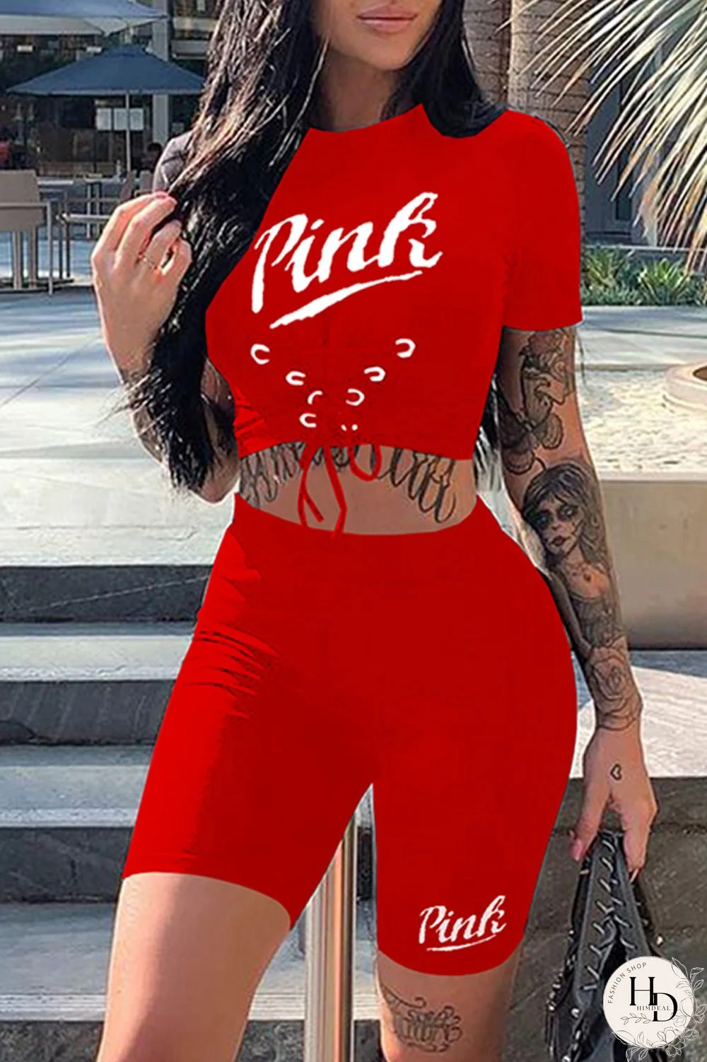 Red Sexy Casual Letter Print Strap Design O Neck Short Sleeve Two Pieces