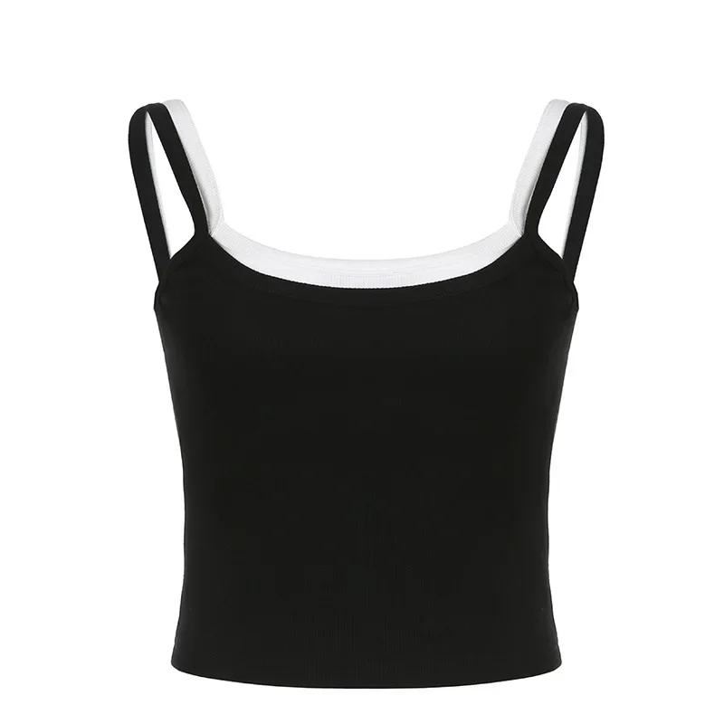 Huibahe Black Sleeveless Y2K Crop Vest Tops Summer Casual Tank Top Women Rib Slim Basic Street Style Camisole