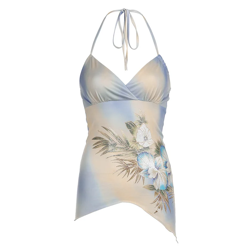 Ueong Girls Holiday Style Retro Plant Flower Printing V-Collar Small Sling Vest Irregular Hem Waist Top