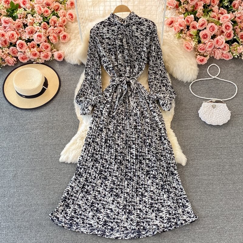 Uveng New Women French Loose Pleated Printed Long Dress Elegant Long Sleeve A-line Lady Clothes Autumn Female Maxi Dress