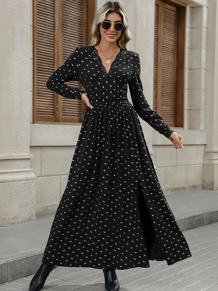Bow Long Sleeve V-Neck Maxi Dress