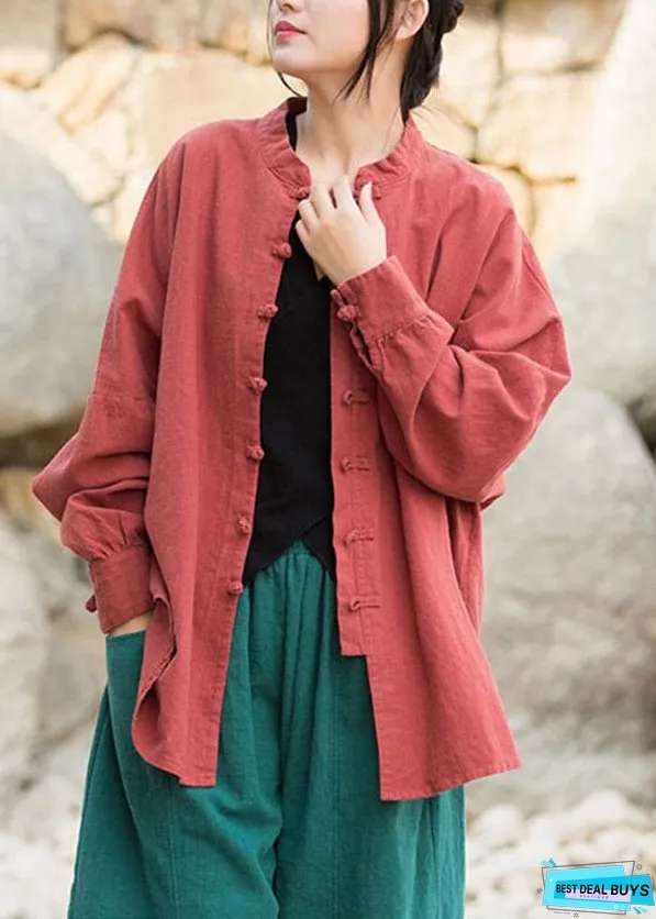 Vintage Green Stand Collar Chinese Button Patchwork Cotton Coat Fall
