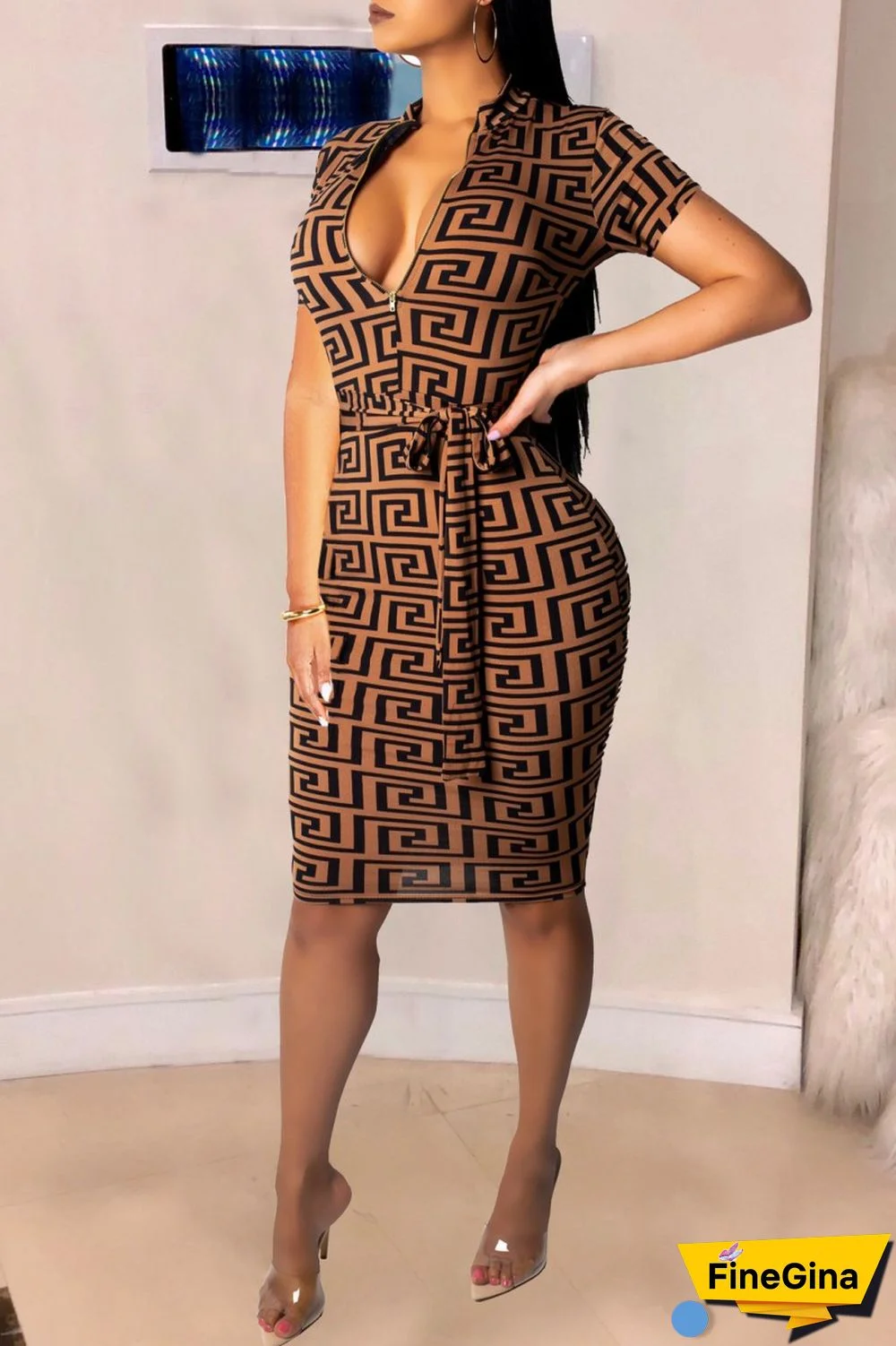 Brown Casual Print Patchwork Zipper Collar Short Sleeve Dress