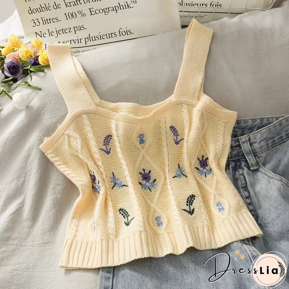 Women Knitted Crop Camis Top Ladies Floral Embroidery Knitted Short Vest Summer Sweater Vintage Tank Crop Camis Top