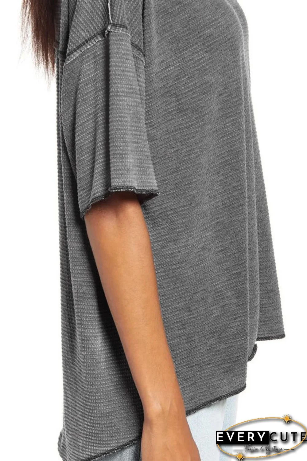 Gray Waffle Knit Seamed Half Sleeve V Neck Top