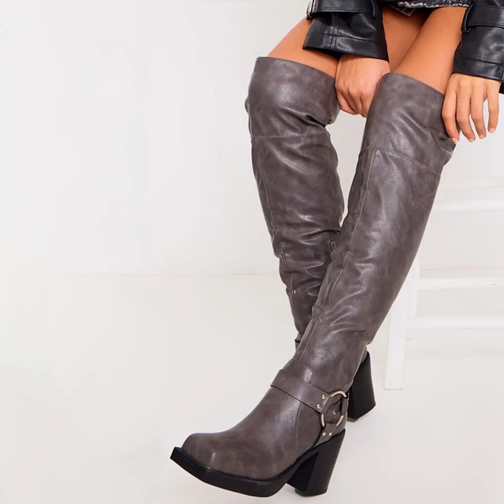 TAAFO Dark Grey Square Toe Block Heel Over The Knee Boots With Ring Buckle : 3 Inches / 76mm