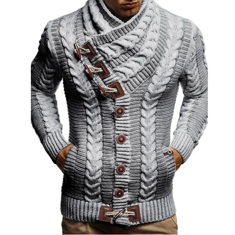 Wongn Wongn Men's Turtleneck Button Horn Buckle Knit Fashion Cardigan Men's Sweater