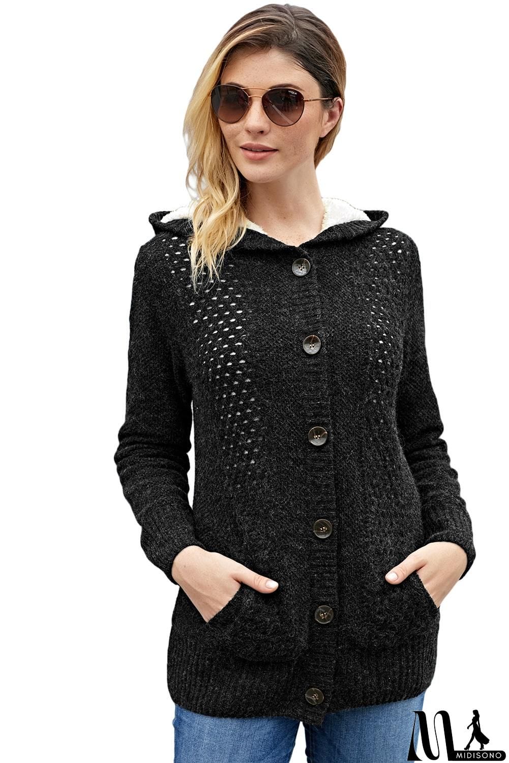 MidiSono - Fleece Hooded Gray Button Cardigan Sweater