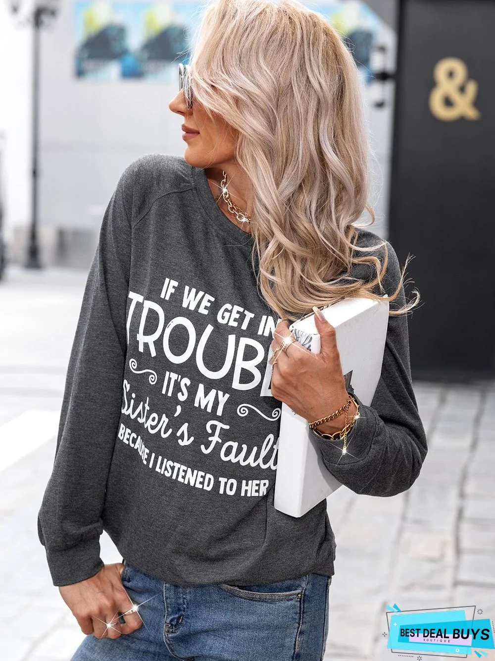 Casual Long Sleeve Round Neck Printed Top Sweatshirt