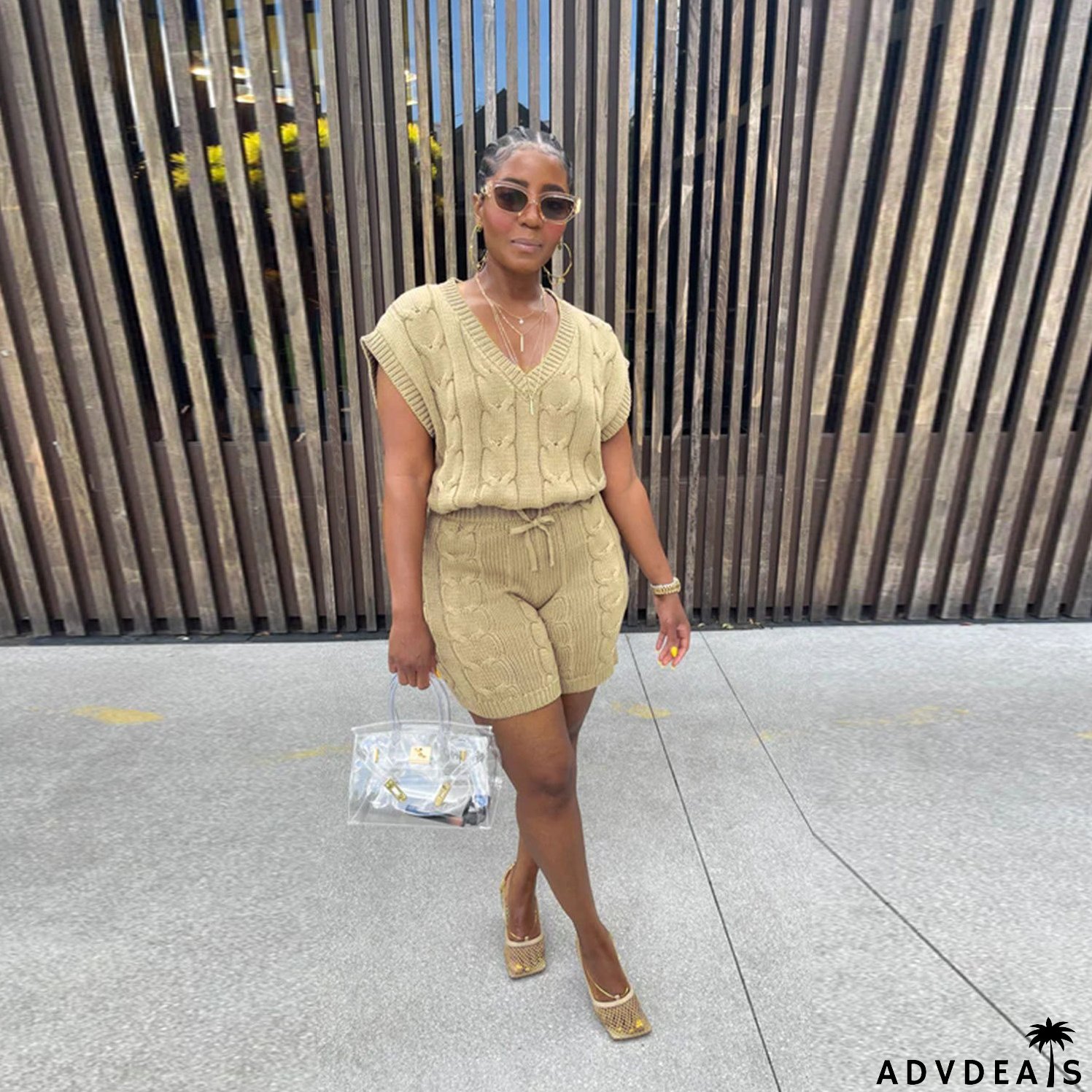 Sexy Solid Deep V Neck Sleeveless Loose Sweater Slim Shorts Two Piece Set