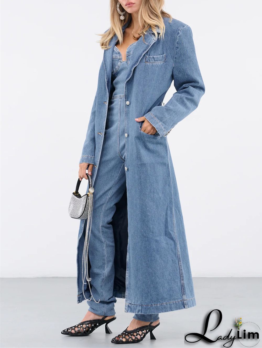Daily Lapel Collar Floral Long Blazers Denim Trench Coat