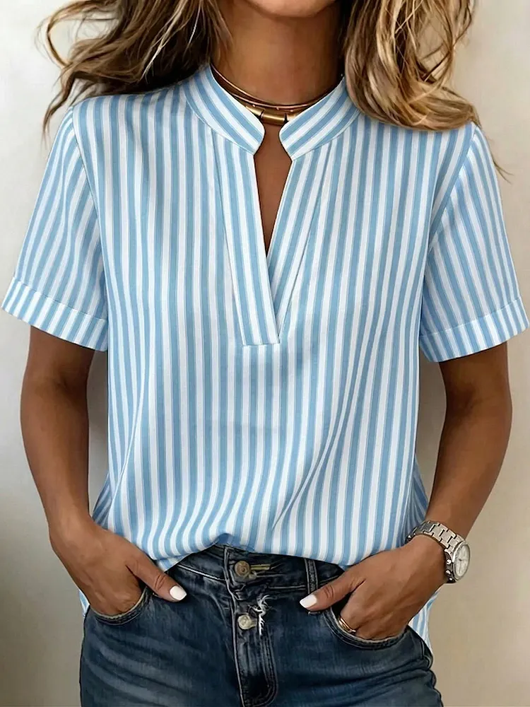 Casual Striped V-neck Cotton-linen Blouse
