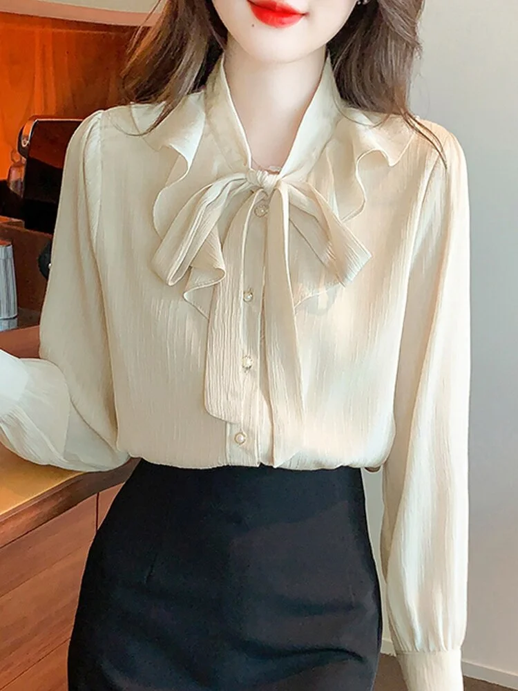 Long Sleeve Blouse Women Blouses Female Fashion 2023 Bow Collar Ruffles Chiffon Blouse Shirt Women Tops Shirts Blouses Blouse G358