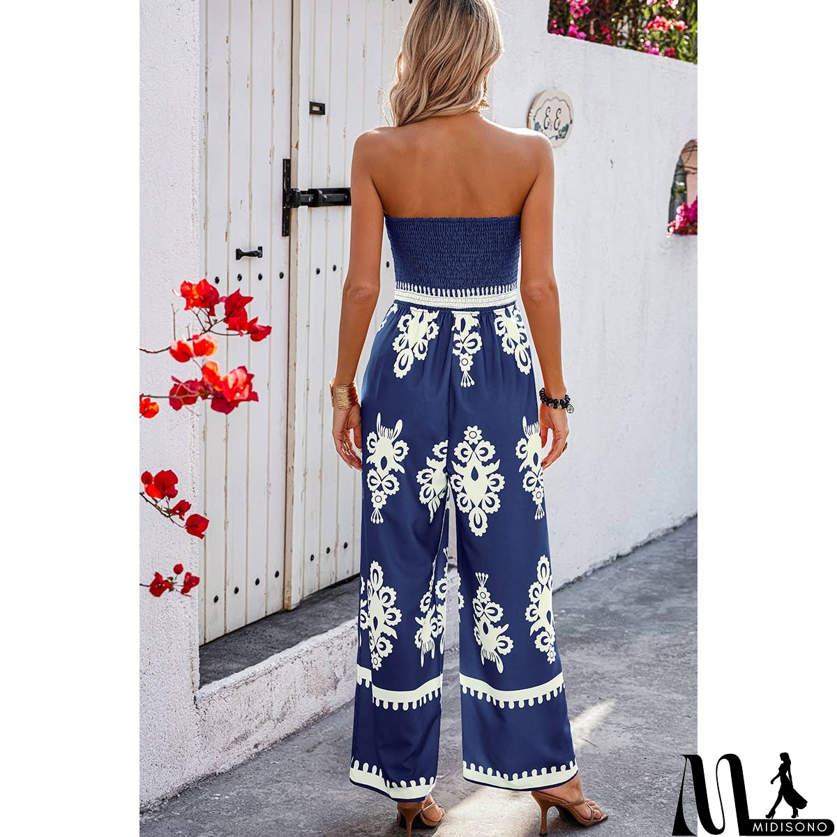 MidiSono - Off Shoulder Ruched Printed High Waist Jumpsuit