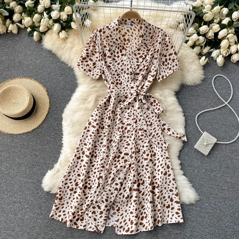 Croysier Dresses For Women 2021 Elegant Notch Lapel Belted Midi Dress Vintage Print Short Sleeve Buttoned Casual Summer Dress