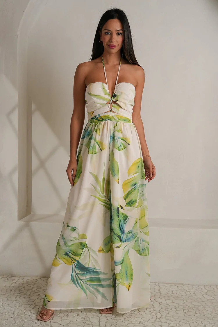 Tropical Leaf Print Wide Leg Halterneck Jumpsuit-Green [Pre Order]