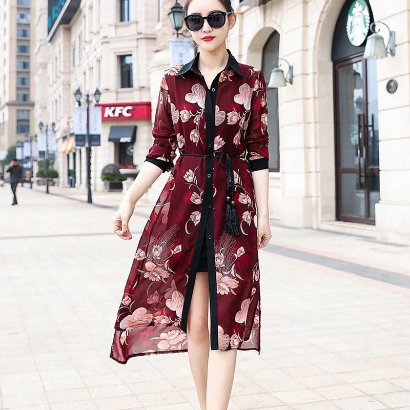 Half Sleeve Loose Flower Print Blouse Shirts Summer Sun Protection Women Long Blouses Super Thin Floral Chiffon Cardigan 9121 50