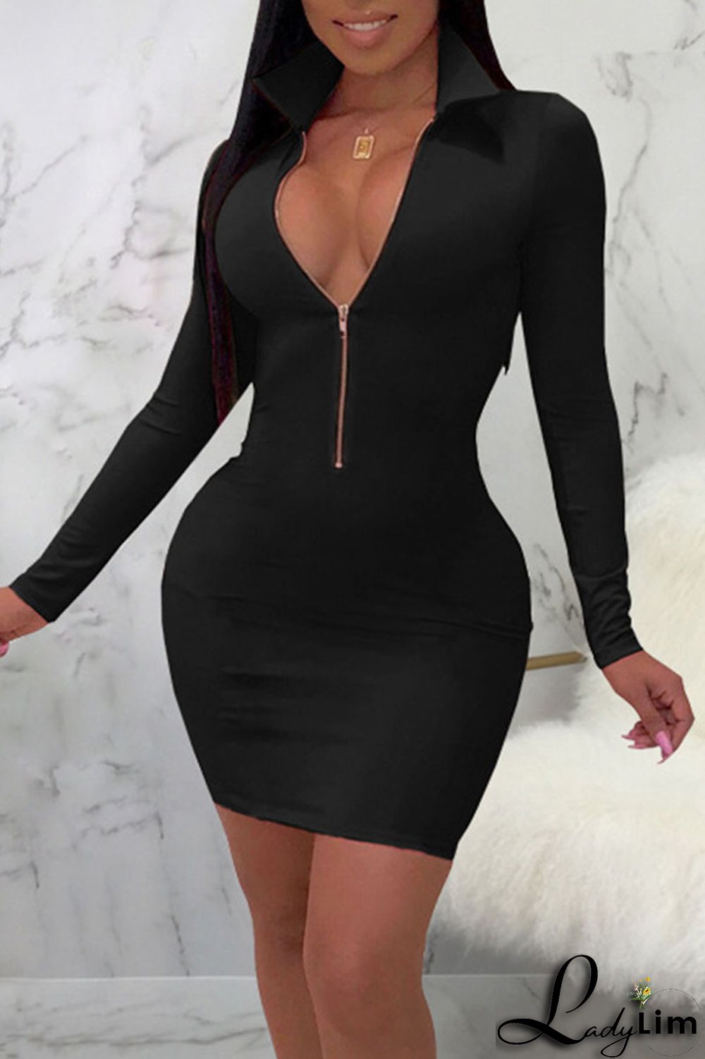 Pink Sexy Solid Split Joint Zipper Collar One Step Skirt Dresses