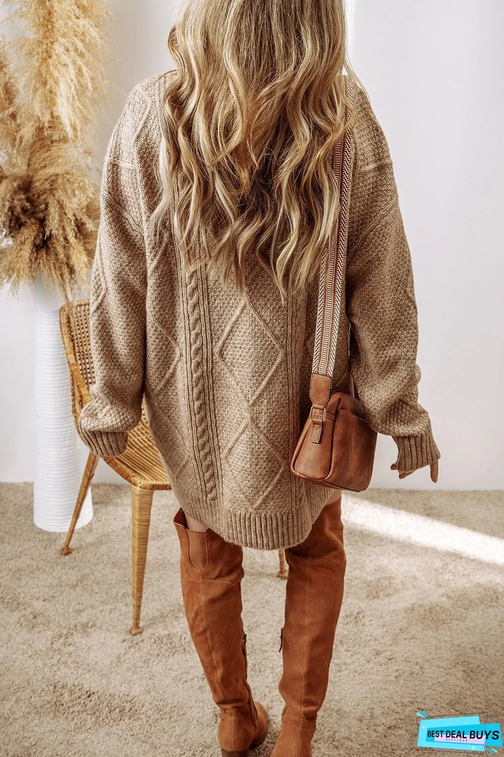 Cable-Knit Round Neck Sweater Dress