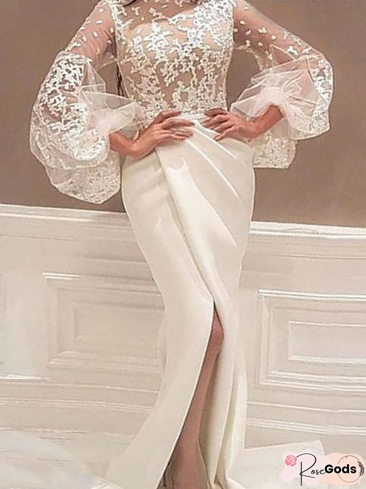 Women's Sheath Dress Maxi Long Dress White Long Sleeve Solid Color Split Mesh Lace Fall Turtleneck Sexy Party Flare Cuff Sleeve Slim White Dresses