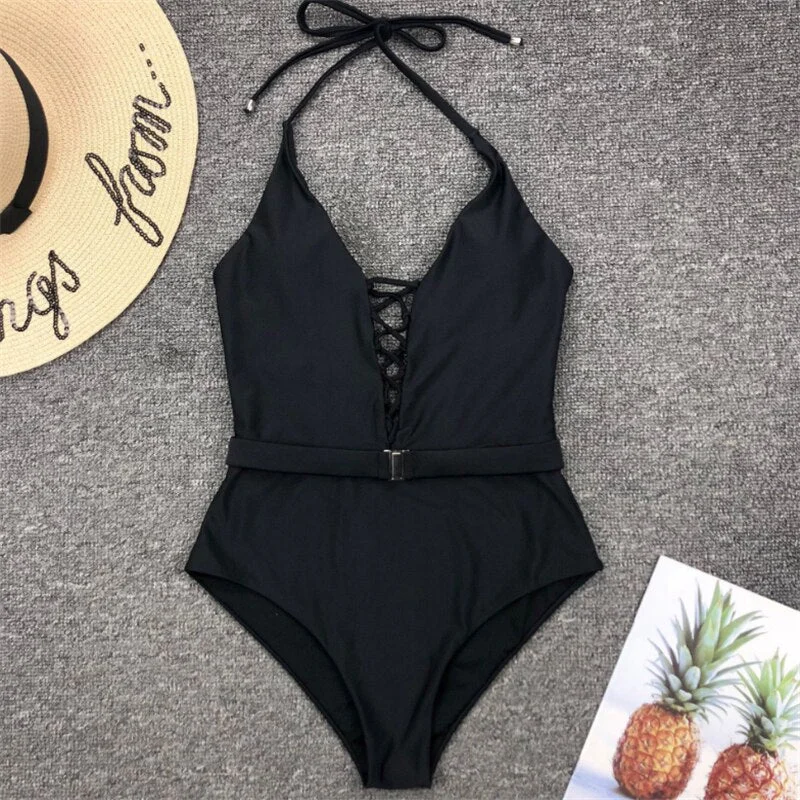 GNIM One-Piece Swimsuit Women Bikini Mujer 2019 Deep V Neck Solid Swimwear With Belt Summer Beachwear Swimming Suit For Women