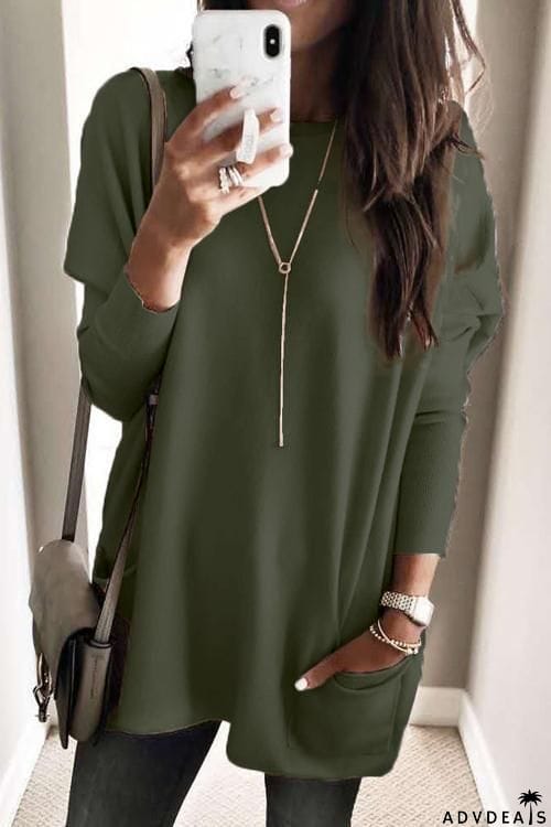 Pockets Long Sleeve Loose T Shirt