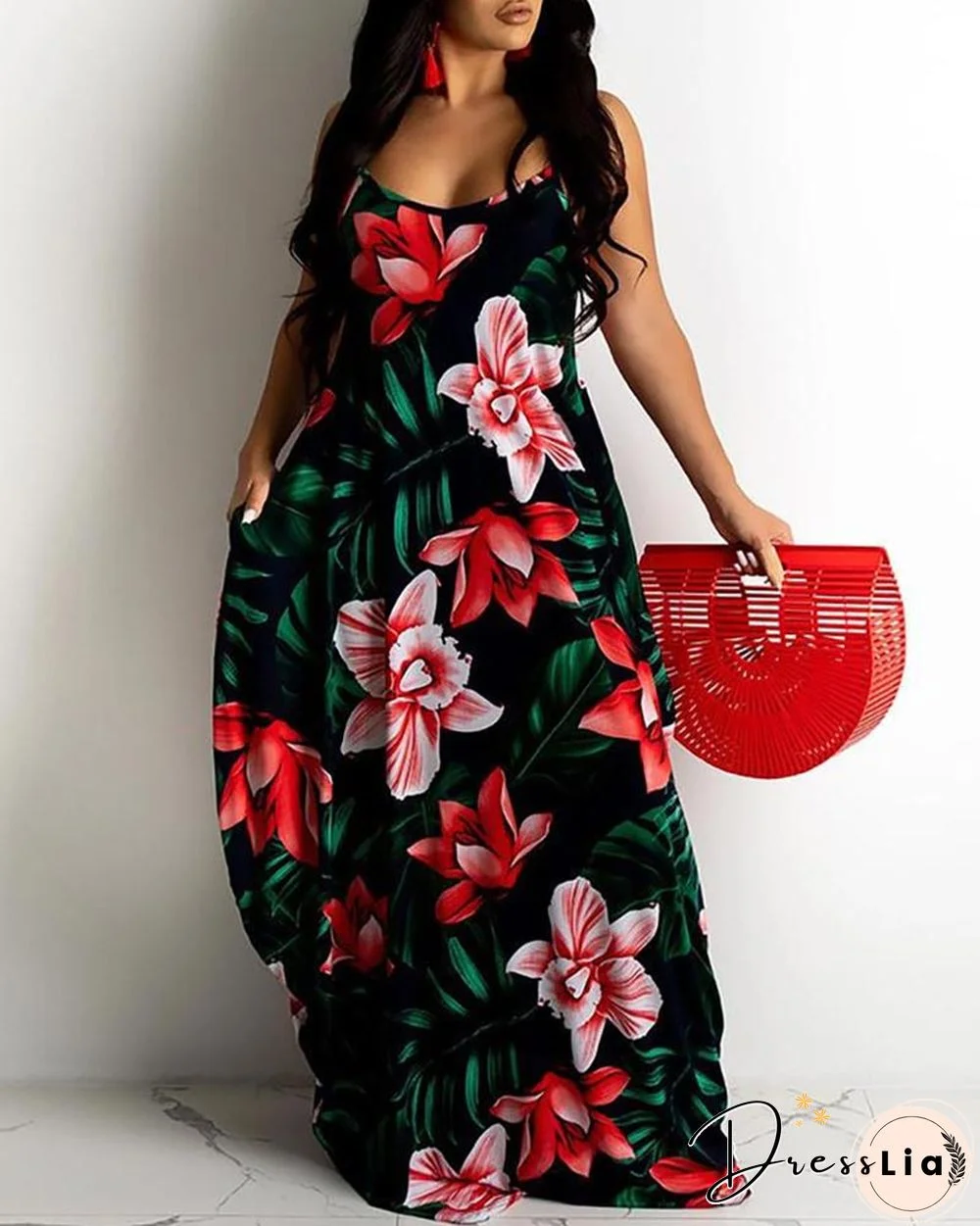 Floral Leaf Print Spaghetti Strap Maxi Dress