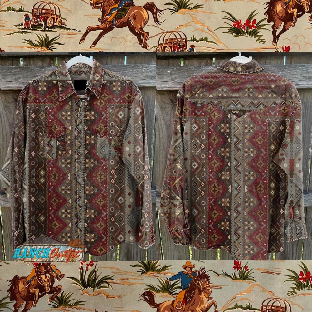 American Retro Patterned Western Shirt Vintage Stripe Print Casual Multicolor / S