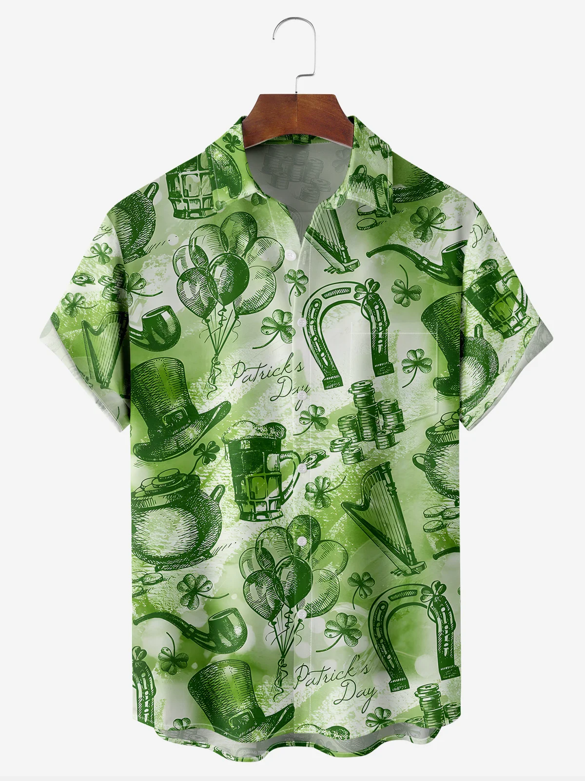 Hawaiian Button Up Shirt for Men Green St. Patrick's Day Lucky Clover Gold Coins Beer Regular Fit Short Sleeve Shirt PLUSCLOTHESMAN