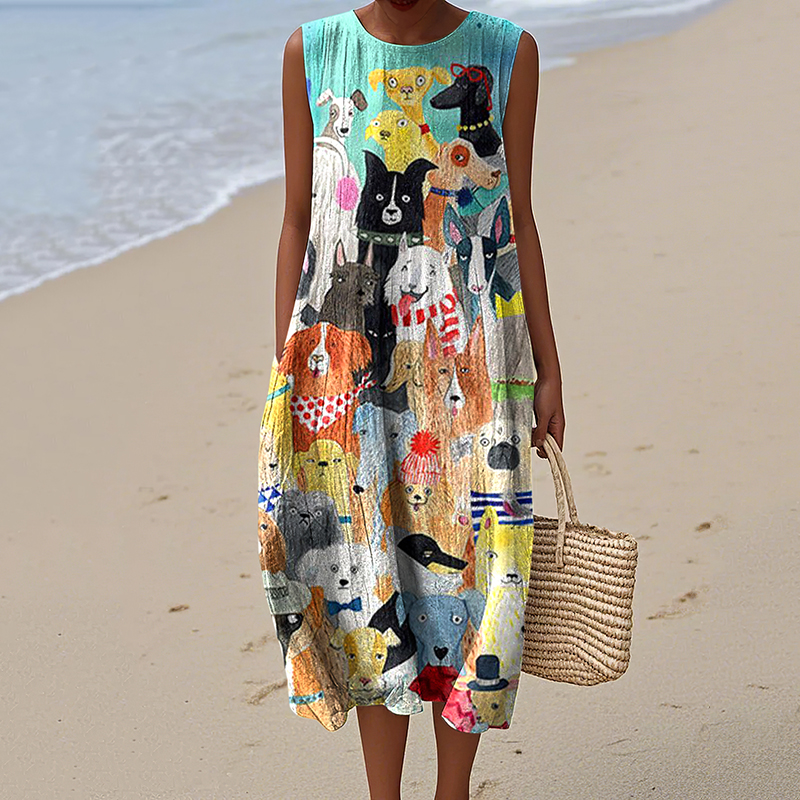 Comstylish Women's Dog Art Print Tank Midi Dress