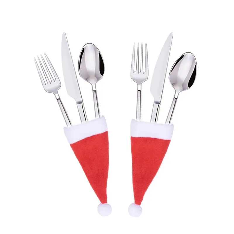10Pcs Christmas Decorative Tableware Mini Caps Pocket Knife Fork Spoon Holders Christmas Table Decoration for Home Xmas Supplies