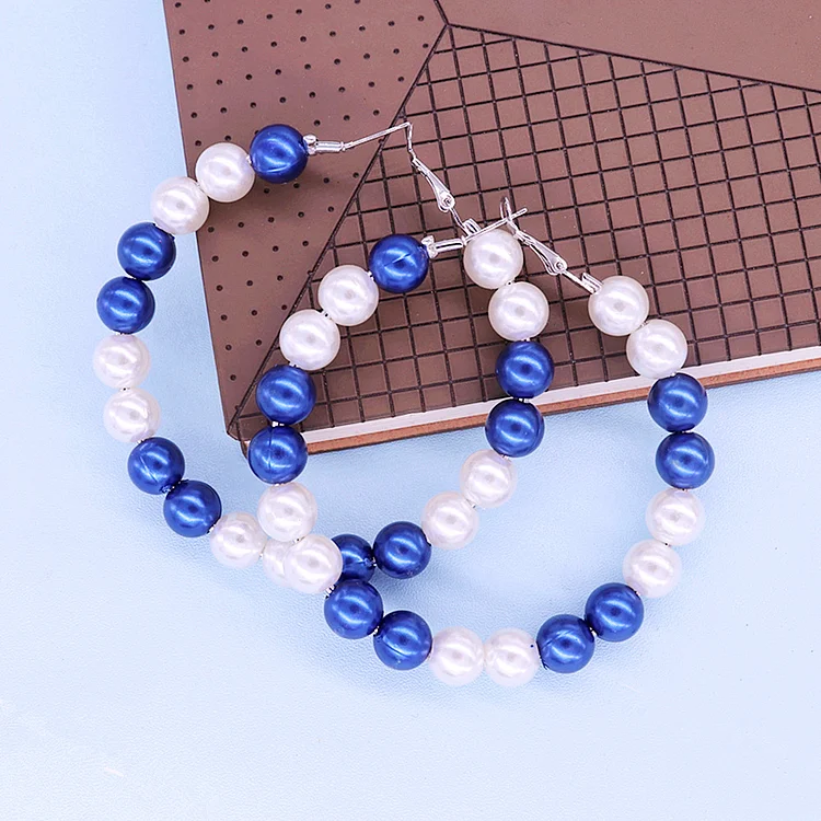 Exaggerated National Boho Styles Lady Party Gift Blue White Imitation Pearl Greek Society Symbol ZETA PHI BETA Hoop Earrings