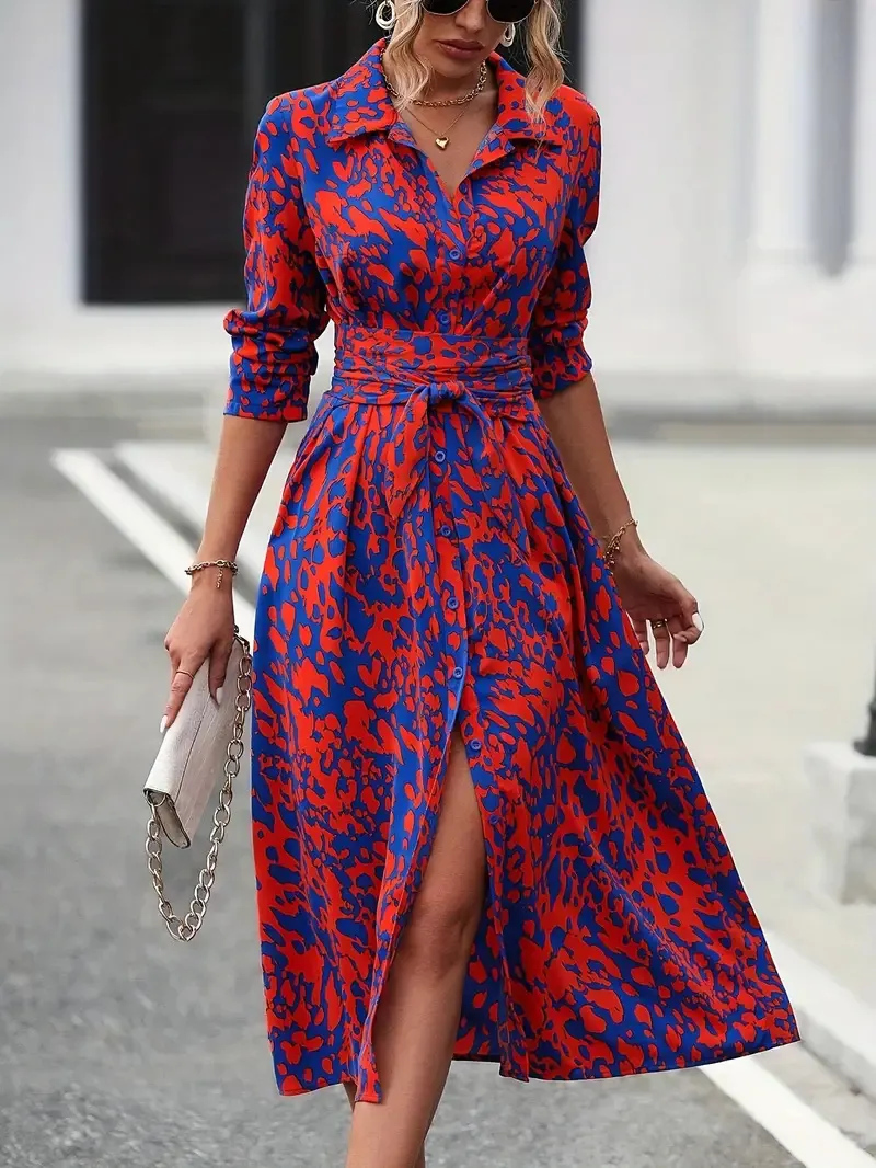 Women's Printed Lapel Shirt Midi Dress