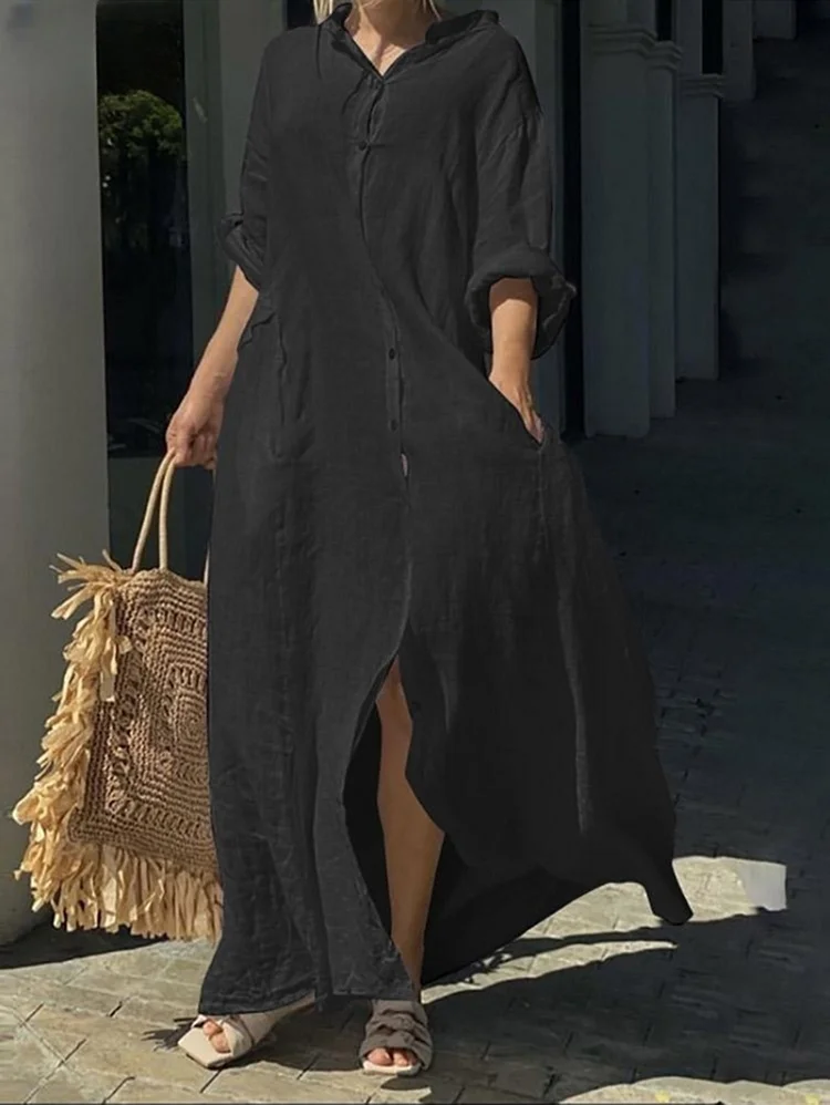 Casual Plain Single Breasted Pocket Long Sleeve Loose Maxi Dress