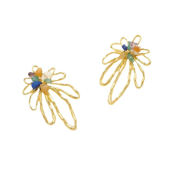 Hollow Petals Inlaid With Colorful Natural Stone Earrings