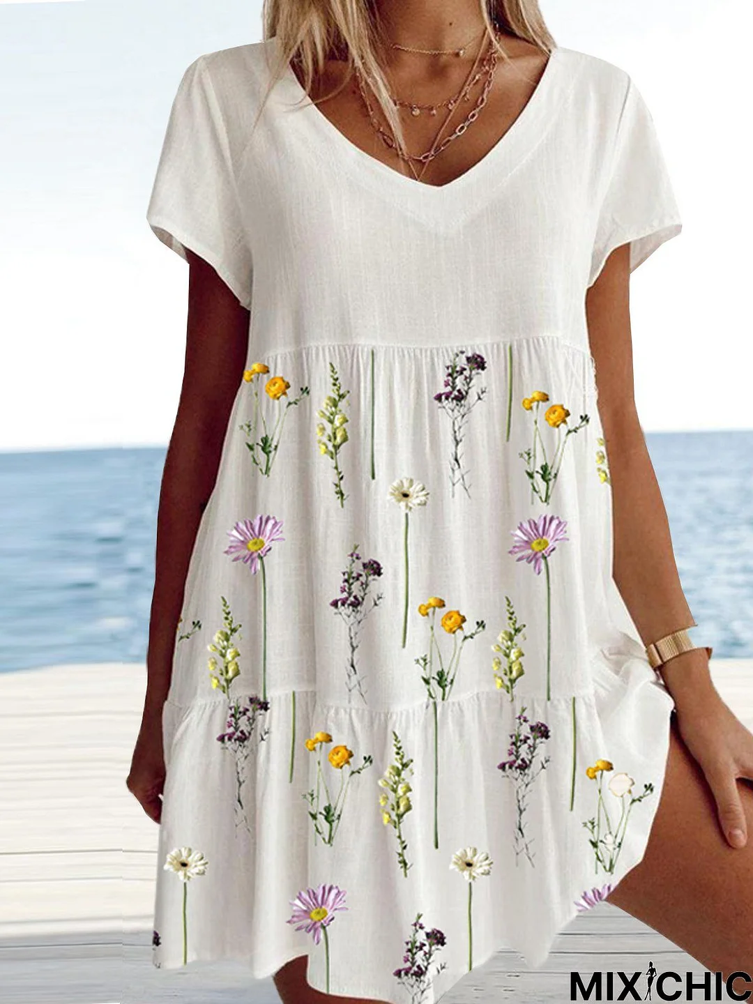 Vacation Floral Printed Loosen V Neck Short Sleeve Woven Tunic Dress